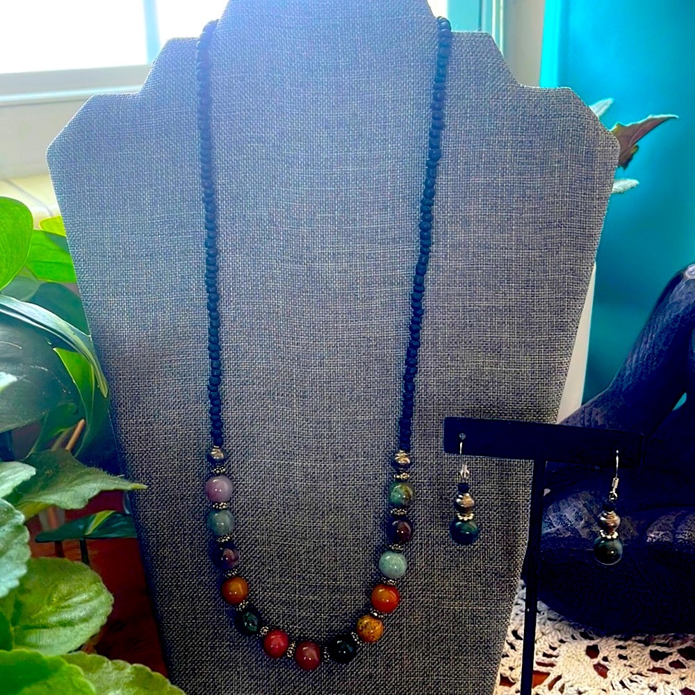 Hand Crafted Necklace and Earring Set, Earth Tone Semi-Precious Stones
